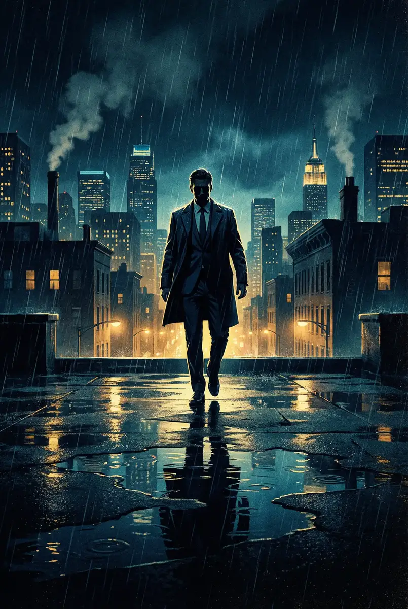 野花韩国视频在线观看 出品影片《雨夜独行者》海报，雨中城市屋顶男性剪影